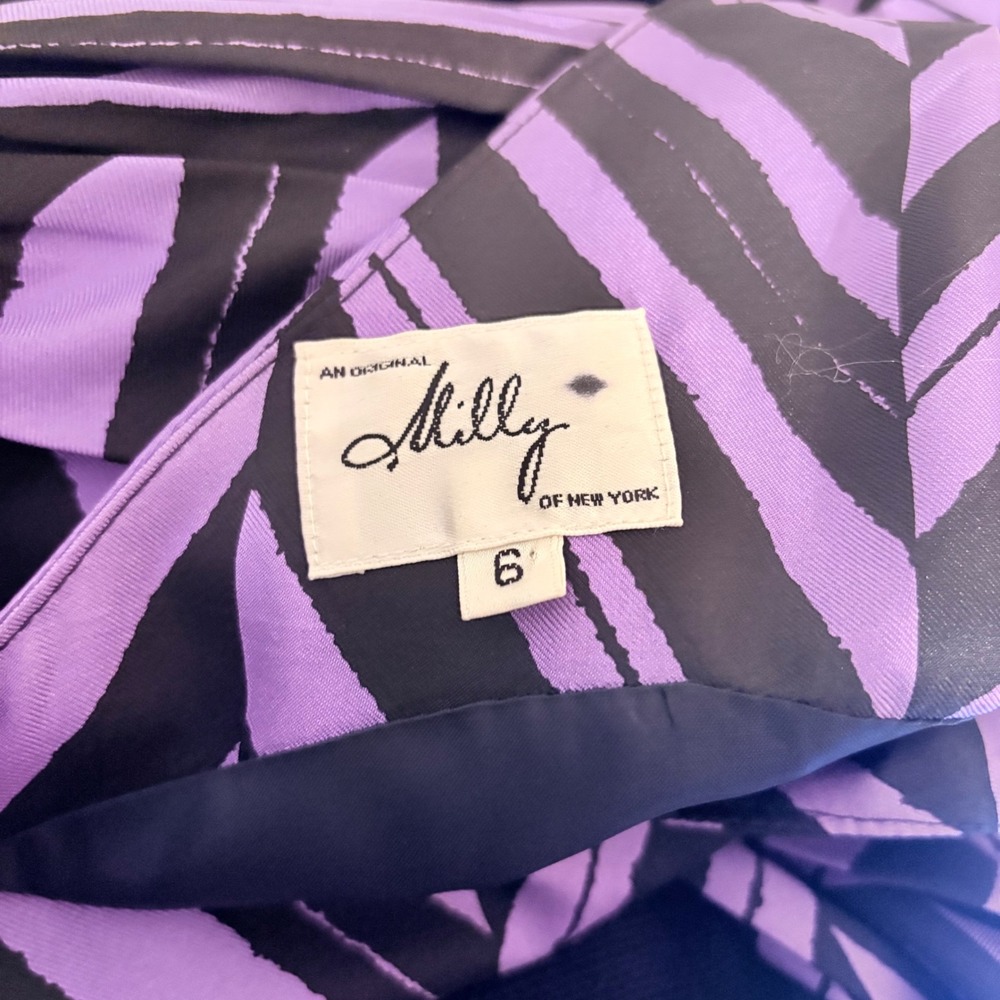 Milly Marcela Silk Purple Black Striped Sleeveless Sheath Dress Side Drape Sz 4 - Picture 15 of 15